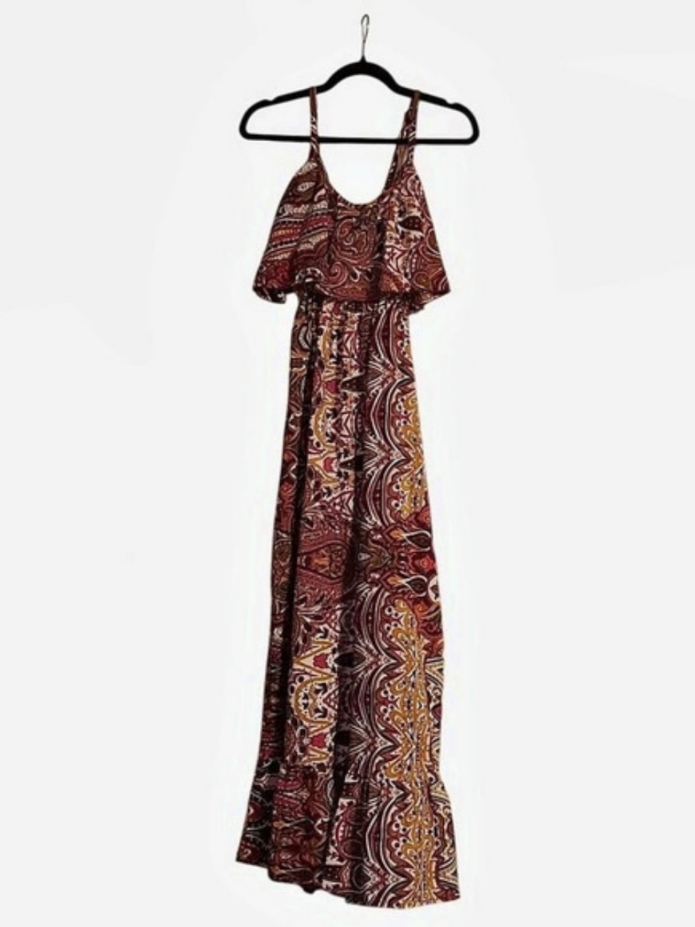 Earthbound Trading Co. Paisley Ruffle Maxi Dress in Brown & Pink Small